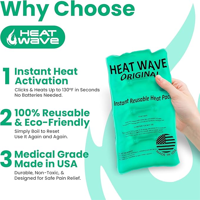 HEAT WAVE Instant Heat Packs Medium (5×9”)- Medical Grade Reusable Green 2-Pack Fast and HOT - Made in USA for Muscle Aches, Back, Arm, Shoulder, Pain Relief, Warmth on The Go; Heating Pad Click Heat