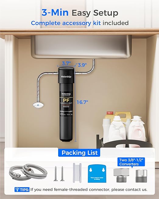 Waterdrop 15UA-PF Under Sink Water Filter, Reduce 80+ Impurities, 𝟗𝟗.𝟗% 𝐏𝐅𝐎𝐀, 𝟗𝟗.𝟖% 𝐏𝐅𝐎𝐒, 96% Chloramine, Fluoride, VOCs, Chloroform, Direct Connect to Kitchen Faucet (Filter: RF15-PF)