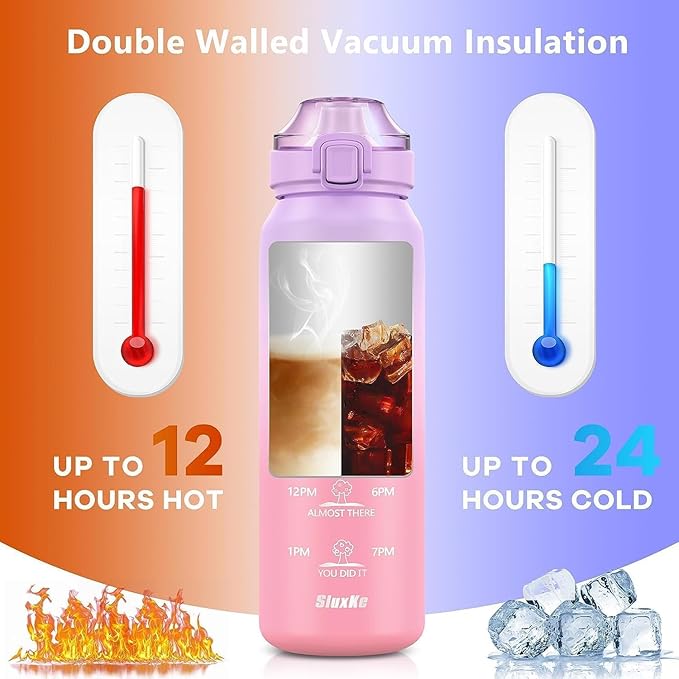 Stainless Steel Insulated Water Bottles 17oz with Handle, Double Wall Insulated Bottle with Time Marker BPA Free, 500ml Metal Water Flask for Outdoor Working School PURPLE PINK