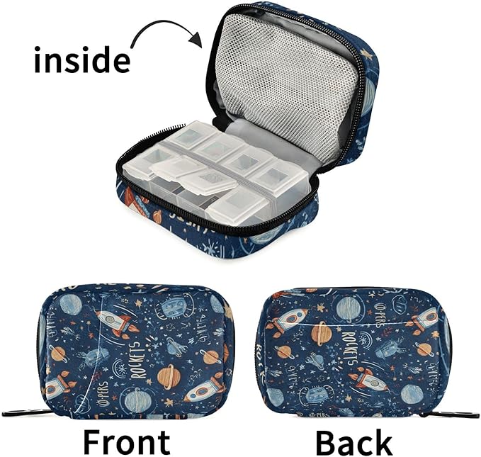Dark Blue Space Rockets Planets Stars Travel Pill Organizer Case Box Container Weekly Portable Vitamin Medicine Holder Storage Bag with Zipper Removable