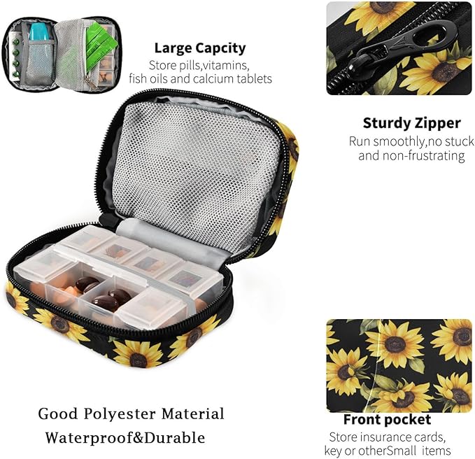 Fustylead Vibrant Yellow Sunflowers on Black Background Pill Organizer Case with Zipper 2 Times A Day for Vitamin and Supplement, 7 Day Travel Organizer Medicine Case