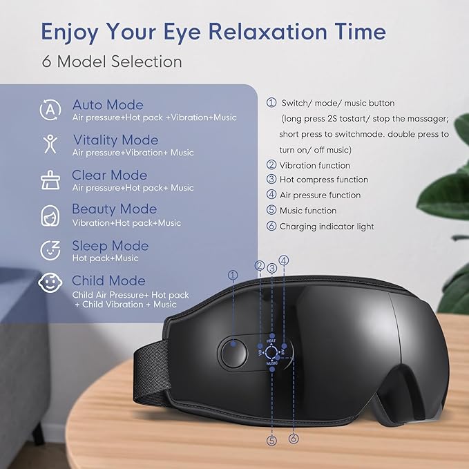 NOWWISH Eye Massager with Heat, Vibration and Bluetooth Music for Migraine Headache Relief, Cordless Heated Eye Mask with 6 Massage Modes, Relaxation -Birthday Gifts for Women Men -Black