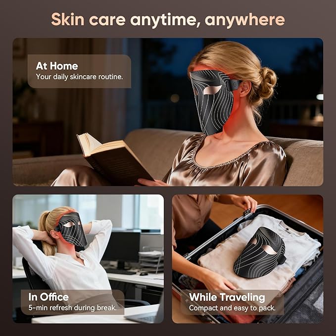 LED Light Therapy Mask，Portable Red Light Therapy Face Mask, Hands-Free Rechargeable LED Device for Facial Skin