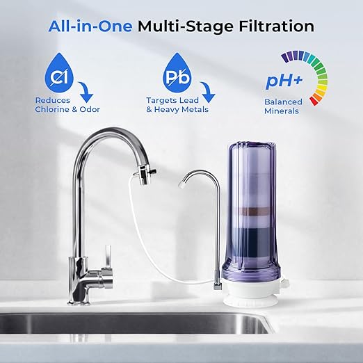 iSpring CT10-CL 7-Stage Countertop Water Filter System, pH-Balanced, Reduces Heavy Metals, VOCs, Chloramines, Lead, Bad Odor, and Chlorine, Up to 12 Months, 2.5" x 10", Clear (Filter Included)