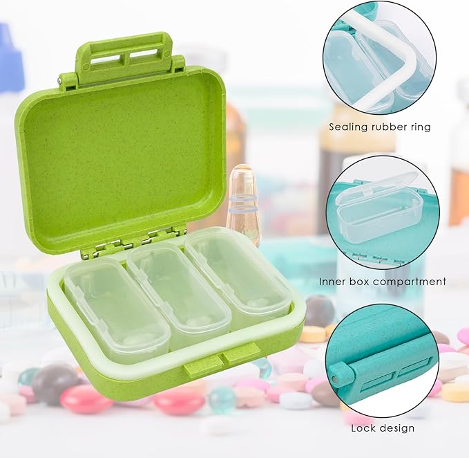 2-Pack Daily Pill Organizer, Wheat Straw Fiber Portable Medicine Case with 3 Removable Compartments & Labels (Green/Blue)