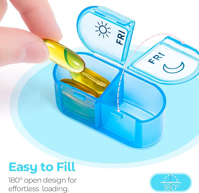 Weekly Pill Organizer 2 Times a Day - AM PM Pill Organizer with 7 Daily Color-Coded Small Cases, Morning and Night Travel Pill Cases for Vitamins, Medicine, & Supplements