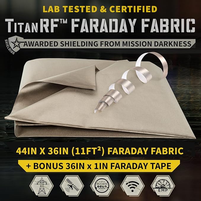 Mission Darkness TitanRF Faraday Fabric Kit 1 Yard // 44" W x 36" L Fabric + 36" L Tape Military Grade Conductive Nickel Copper Polyester Material Blocks RF Signals WiFi Cell Bluetooth RFID EMF