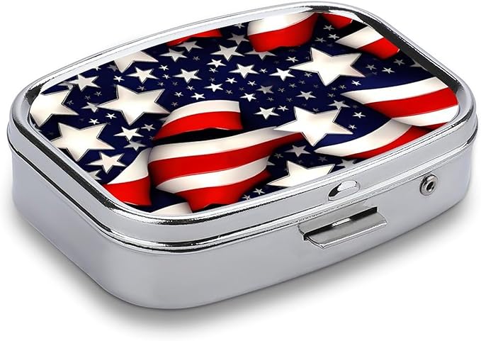 American Flag Stars Stripes Pill Box for Women Men Pocket Square Pill Case Decorative Box Medicine Vitamin Metal Pill Organizer Portable Pill Holder for Travel Unique Gift