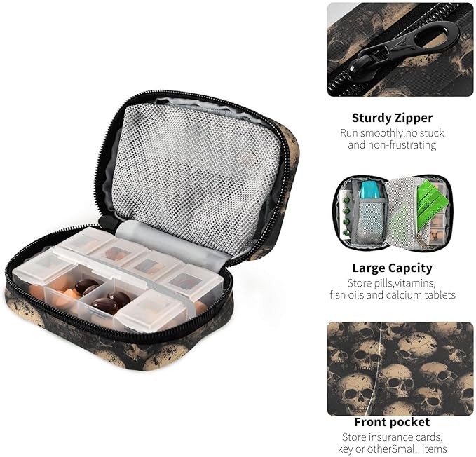 Weekly Pill Organizer Case Skull Abstract Travel Portable Pill Bag for Medicine Vitamin Large Capacity Zipper Medicine Organizer
