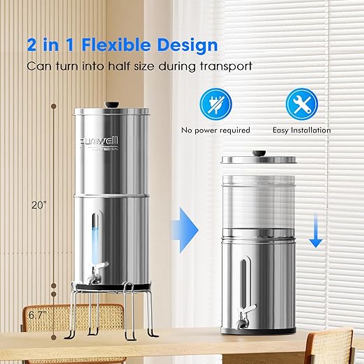 Purewell Upgraded 6-Stage 0.01μm Ultra-Filtration Gravity Water Filter System with Water Level Window, 304 Stainless Steel Countertop System with 2 Filters and Stand, Reduce 99% Chlorine, 2.25G, PW-FH