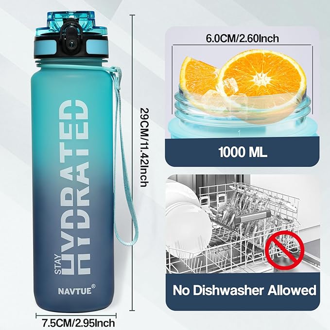 Water Bottle, 32 oz Sports Water Bottles with Time Marker Wide Mouth, Motivational and Leakproof Drink Bottle, BPA Free Tritan with Carry Strap for Gym Fitness Outdoor(1 Bottle)