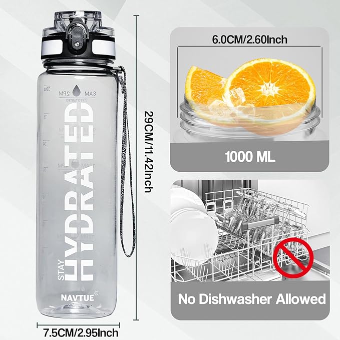 Water Bottle, 32 oz Sports Water Bottles with Time Marker Wide Mouth, Motivational and Leakproof Drink Bottle, BPA Free Tritan with Carry Strap for Gym Fitness Outdoor(1 Bottle)