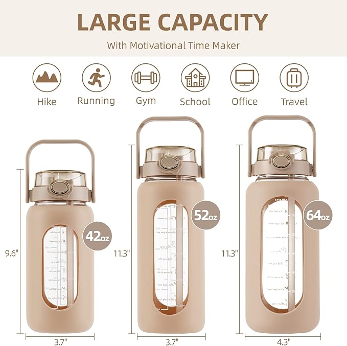 Glass Water Bottle with Straw and Handle Lid Half Gallon Motivational Glass Bottle with Silicone Sleeve and Time Marker Large Reusable Sports Water Jug for Gym Home Workout