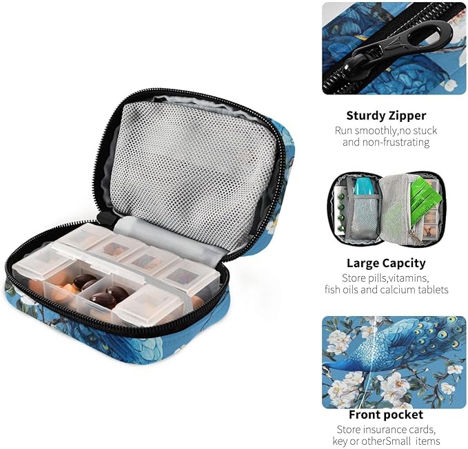 Blue Peacock Flower Travel Pill Organizer Case Box Container Weekly Portable Vitamin Medicine Holder Storage Bag with Zipper Removable