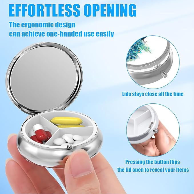 Pill Box, 3 Compartments Small Pill Case Travel Portable Metal Medicine Box with Mirror Mini Container for Purse Pocket Women Men（Watercolor Peacock）