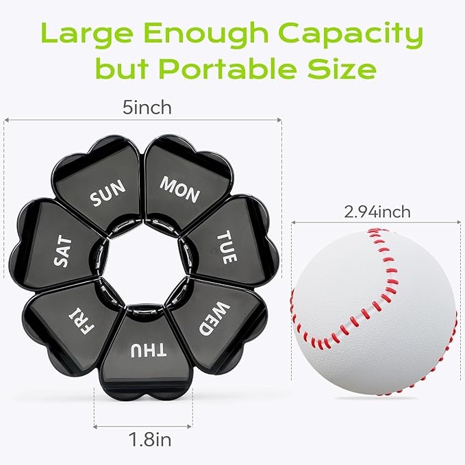 Pill Organizer Weekly - Cute Medicine Pill Organizer 7 Day, Large Daily Pill Box for Travel, SHIJOINYU Pill Dispenser Case 1 Time a Day for Medication/Supplement/Fish Oil (Black)