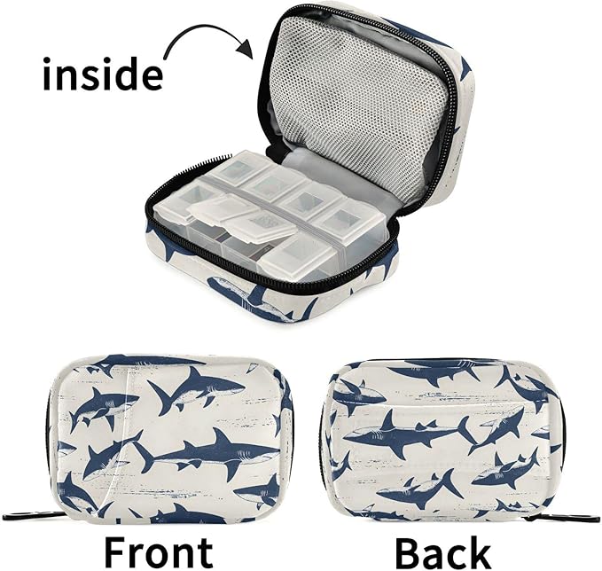 Pattern Sharks Travel Pill Case, Weekly Pill Boxes 7 Days Portable Pill Organizer Supplement Holder