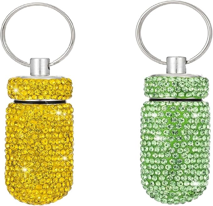 2 Pcs Pill Holder Keychain, Bling Aluminum Medicine Holder Pill Container Mini Size Waterproof and Light Weight Portable Pill Bottle Case (Yellow+Light Green)