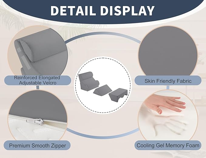 6PCS Multi-Functional Bed Wedge Pillow Kit - 7-in-1 Orthopedic Support for Back/Neck/Legs, Post Surgery Recovery & Sitting Up in Bed, Post Surgery Foam for Body, Grey