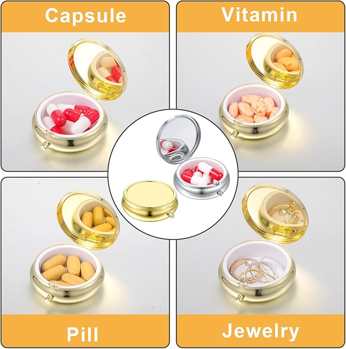 Sibba Small Pill Case, 2Pcs Portable Medicine Box for Purse & Pocket, Dose Pill Organizer Waterproof Metal Pastillero for Vitamins Fish Oil Supplements, Gold Silver