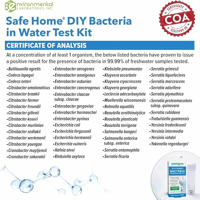 Safe Home® DIY Bacteria in Water Test Kit – Results as Fast as 6 Hours – Detects 50 Different Species of Coliform Bacteria – EPA Lab Certified – Made in the USA – (4 Pack)