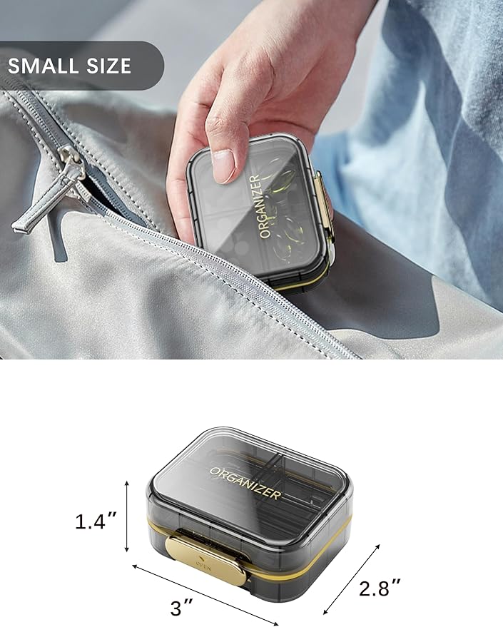 1 Pack Travel Pill Organizer, 7 Compartments Pill Box, Daily Portable Pill Case to Hold Vitamins, Pill Container for Pocket Purse Medicine Organizer (3"x2.8")