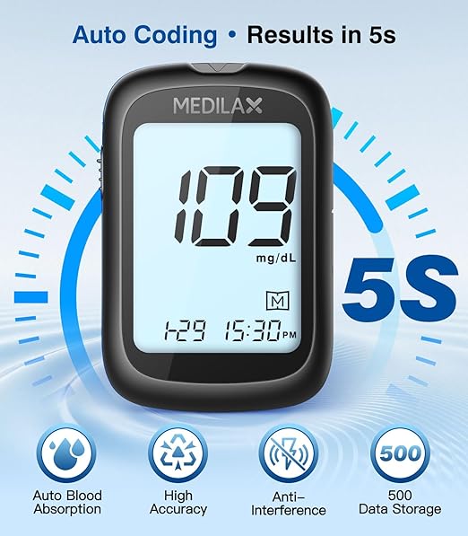 Medilax Blood Glucose Monitor Kit, Blood Sugar Testing Kit with 100 Test Strips, 100 Lancets, Glucometer and Lancing Device, 500 Memories & No Coding & Large Display Glucose Monitor for Home Use
