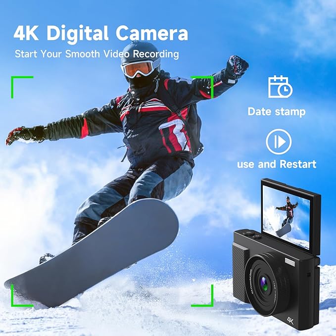4K Digital Camera for Photography, 64MP Vlogging Video Camera for YouTube with 3'' 180°Flip Screen, 64GB Micro SD Card, 16x Digital Zoom Point Shoot Compact Travel Vintage Cameras (Black)
