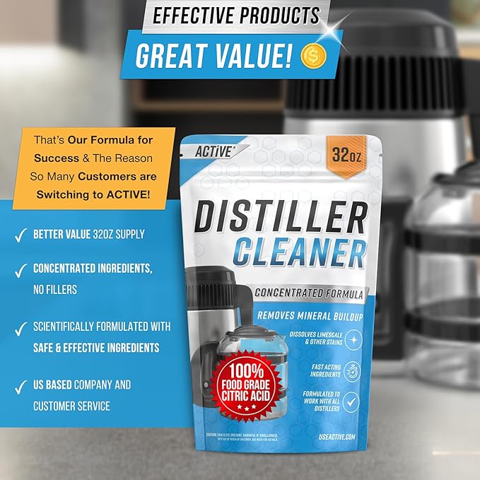 ACTIVE Distiller Descaler Citric Acid Cleaner - 2 Lb Bulk for Cleaning Water Distillers, Pure Citrus Acid Crystals Universal Residue Descaling Portable Distiller, Kettle, Boiler, Dispenser