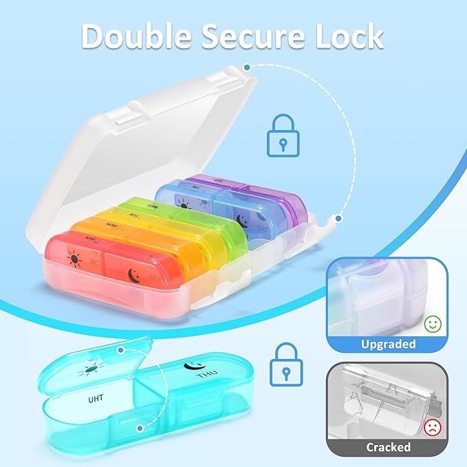 Fullicon Extra Large AM PM Pill Box Organizer 7 Day, Travel Medicine Pill Organizer 2 Times a Day, Large Supplement Vitamin Dispenser, Weekly Jumbo Pill Case Container for Purse (Clear Rainbow)