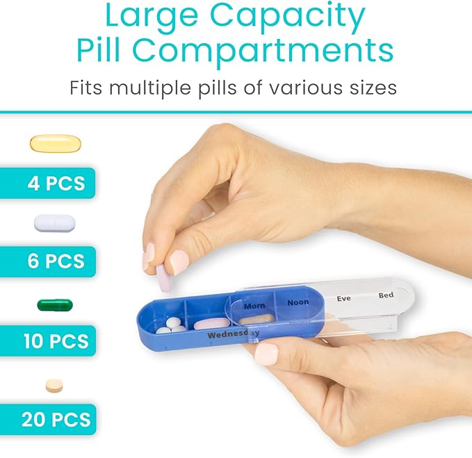 Vive Stackable Pill Organizer Tower with Pill Cutter, Splitter - 7 Days 4 Times A Day - Dispenser for Vitamins, Supplements and Medication - Weekly Stacking Pill Box Container with Travel Case