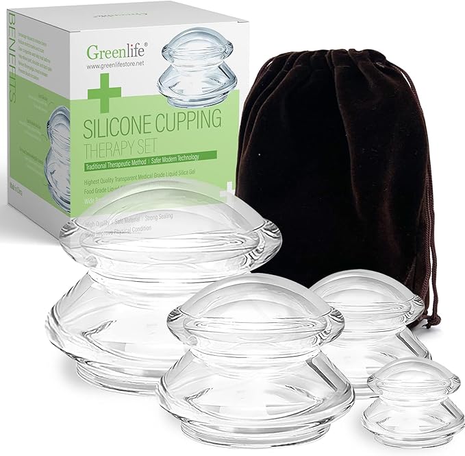 GreenLife® Cupping Therapy Sets -Silicone Cups Set Firm (4 pcs) for Muscle Soreness Pain Relief Body Neck Knee, Self Massage Tool, Deep Muscle Massager, Anti Cellulite Joint Pain Recovery