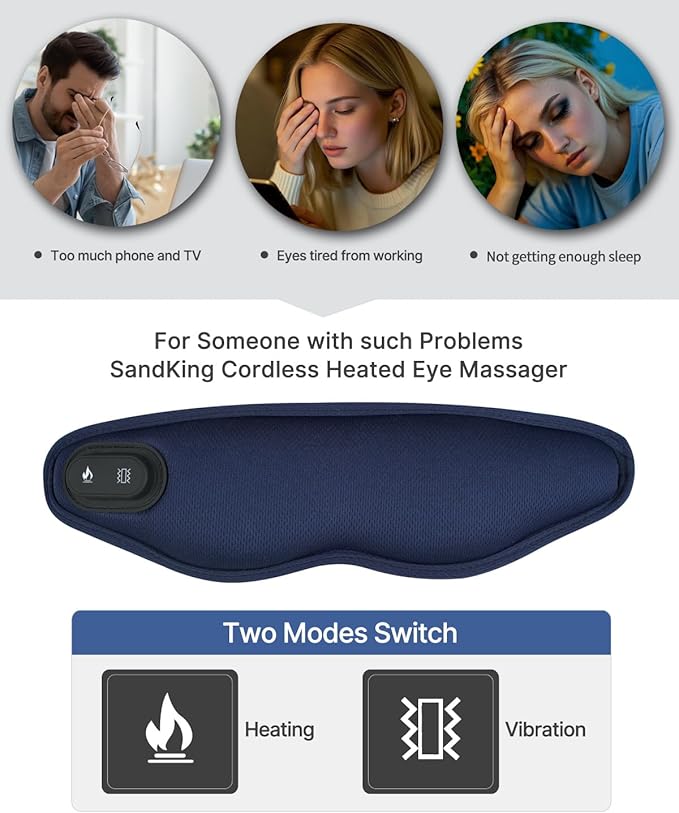 Upgraded Cordless Heated Eye Massager with 3 Temperature, 3 Vibrating Heating Sleeping Mask for Men Women Kids -USB Charing Heated Eye Mask Electric for Dry Eyes, Relax,Travel