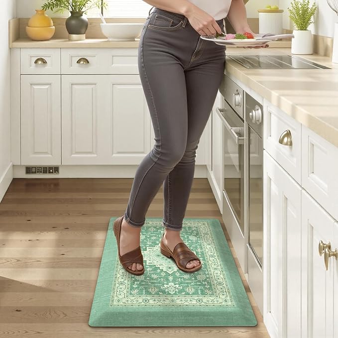 KIMODE Kitchen Mats for Floor Anti Fatigue 0.6" Thick, Cushioned Kitchen Floor Mat, Ergonomic Waterproof Standing Mat, Green Boho Vintage Kitchen Rug Non Skid for Sink Laundry Office Desk 20"x32"