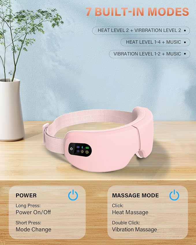 Eye Massager with Heat, 7 Heating and Vibration Modes, Eye Mask, Birthday Gifts for Women, Men, Friend, Mom and Dad, Sleep Mask for Relax, Migraine Relief, Improve Sleep, Pink