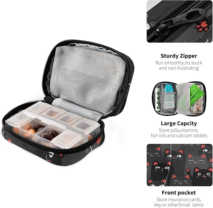 Black and Grey Cats Pill Box 7 Day Pill Case Travel Pill Organizer Bag with Zipper Portable Weekly Case Compact Size for Vitamin Supplement Holder