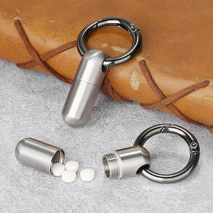 Keychain Pill Holder Mini - Titanium,Pill Case Travel Waterproof, Portable Tiny Pill Organizer for Camping and Hiking Outdoor Pill Box (Silver)