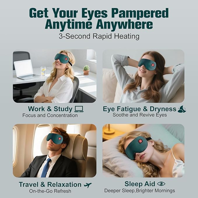 Heated Eye Mask, Rechargeable Detachable Washable Faux Silk Electric Cordless Dry Eyes Warmer Compress Graphene Sleep Mask Travel Gifts for Men Women, 3 Heat Levels & Auto-Off, Blackish Green