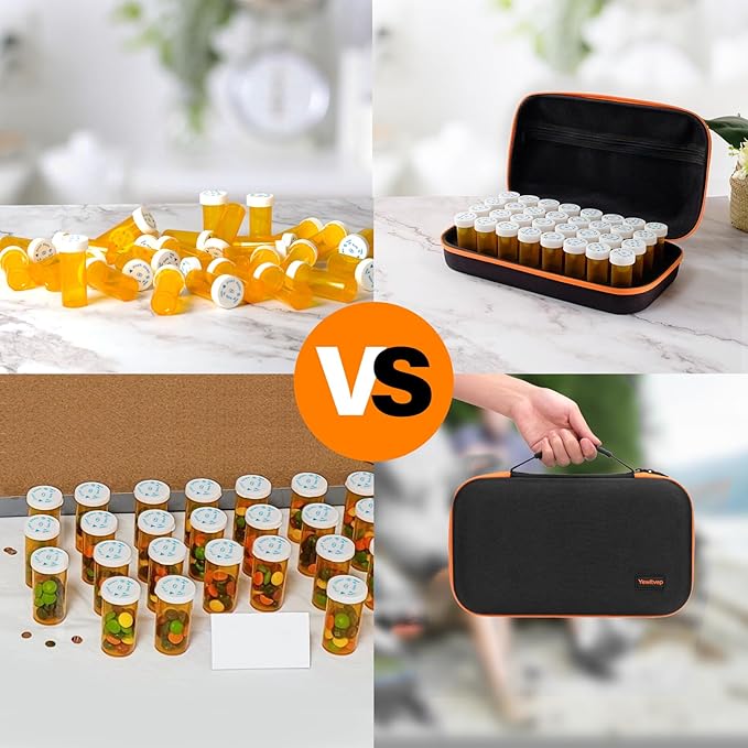 32 PCS Empty Pill Bottles with Carrying Case for Prescription Medication, 8DR Plastic Prescription Bottle with Child Proof Caps, Push Down and Turn, Prescription Vial, Medicine Container