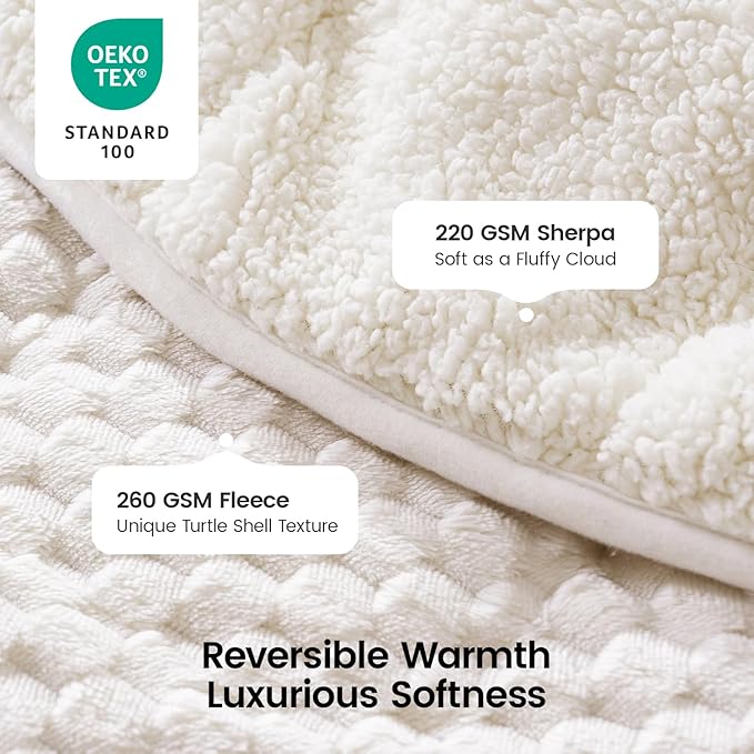 Super Fuzzy Soft Fleece Sherpa Weighted Blanket 15 lbs for Adults, 3D Imitation Turtle Shell Luxury Weighted Throw for Better Sleep, Dual Sided Cozy Blankets for Couch Bed, Cream White, 60" x 80"