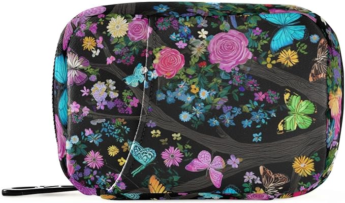 Rose Flowers Butterfly Trees Black Travel Pill Organizer Case Box Container Weekly Portable Vitamin Medicine Holder Storage Bag with Zipper Removable