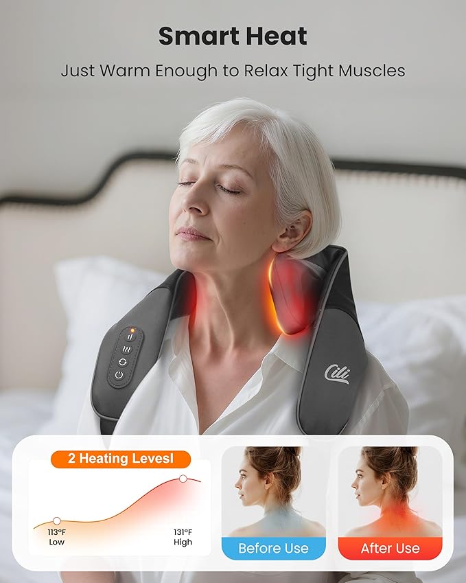 CILI Cordless Neck Massager with Heat, 4D Shiatsu Shoulder Back Deep Tissue, Neck Back Massager Pillow, Wider Massage Head & More Heating Area, Gift for Dad Mom