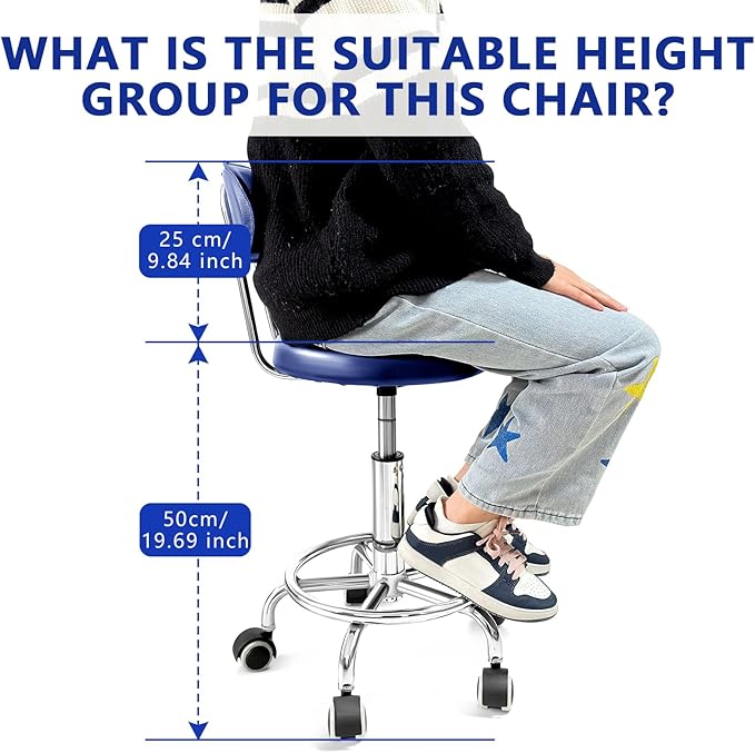 Chair with Wheels PU Leather, with Backrest, Height Adjustable, 360° Swivelling Armless Barstool with Footrest, Ideal for Pubs, Restaurants, Offices, Homes, Tattoos, Massages (Blue)