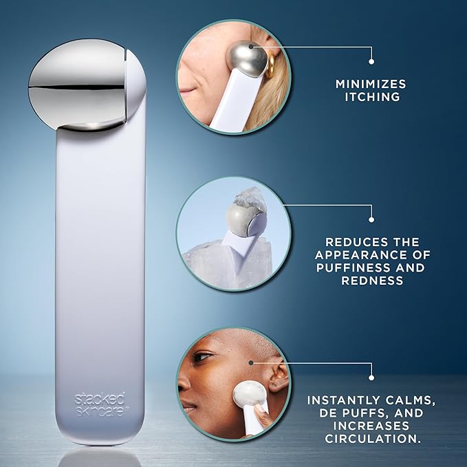 StackedSkincare Cryo Sculpting Ice Roller for Face & Eyes Stainless Steel Facial Ice Roller for Puffiness, Redness & Cooling Facial Massage Designed by an Aesthetician