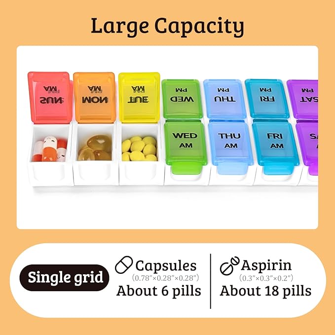 AM PM Weekly Pill Organizer 2 Times A Day, Daily Pill Box Case 7 Day Detachable Medicine Holder with Easy Filling & Retrieving, for Vitamin/Fish Oil/Supplements (Colorful)