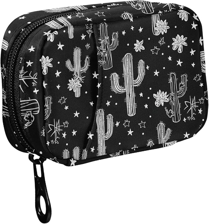 Fustylead Black and White Western Cactus Themed Pill Organizer for Purse, Weekly Portable Pill Box with Zipper to Storage Vitamins Fish Oils Medications Supplements