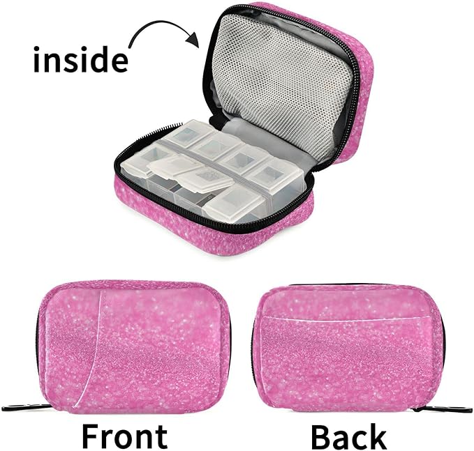 Pill Box Pink Glitter Sparkle Print 7 Day Pill Case Travel Pill Organizer Bag with Zipper Portable Weekly Vitamin Medicine Supplement Holder Pouch Bag