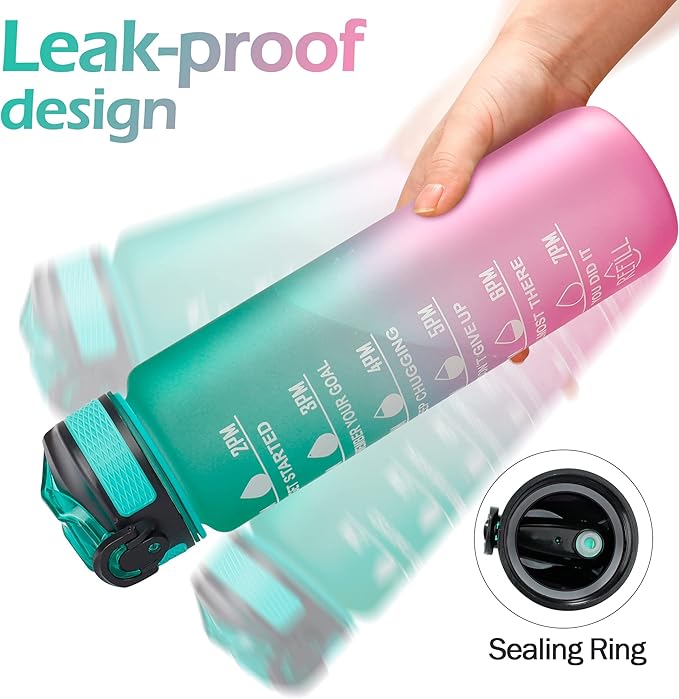Motivational Water Bottle with Time Marker - 32oz, Leak-proof BPA Free Sports Water Bottles with Straw & Carrying Strap