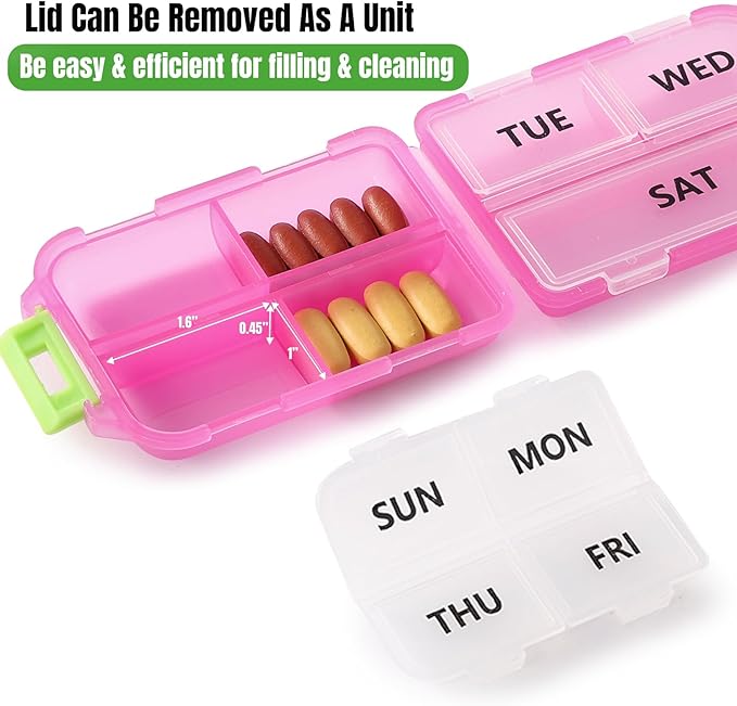 7 Day Compact Pill Organizer, Foldable Portable Travel Pill Box with Double Protection, Daily Small Pill Case Dispenser for Medication, Vitamins, Supplements (Clear Pink)