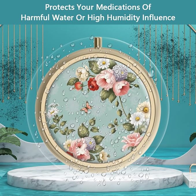 Pill Case Pill Box with Mirror Retro 3 Compartment Small Pill Case for Purse or Pocket Bronze Small Roud Pill Box or Vitamins, Fish Oil, Supplements, Pill Containe Travel Gifts（Retro Green Floral）